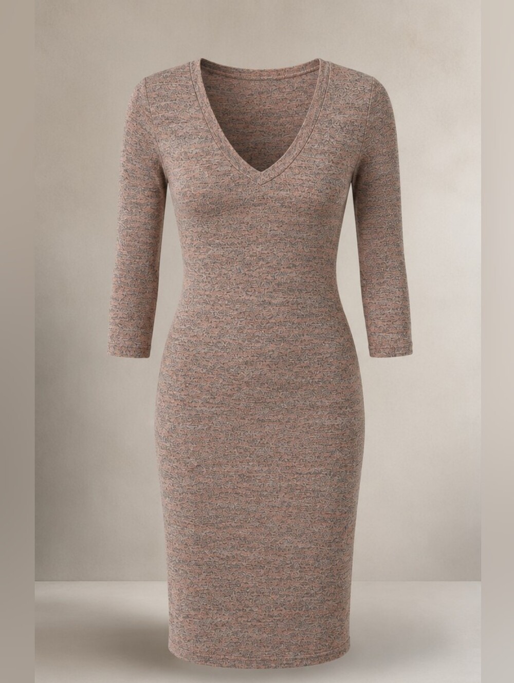 Slim V-Neck Midi Knit Dress in Dusty Rose